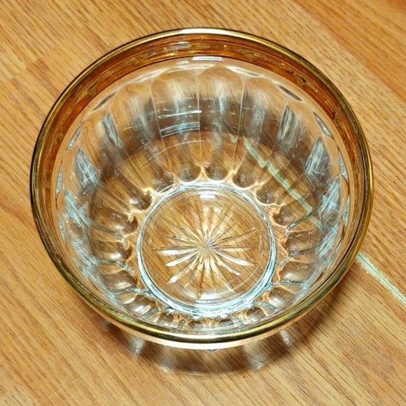 Vintage Fluted Pressed Crystal Bowl Gold Rim